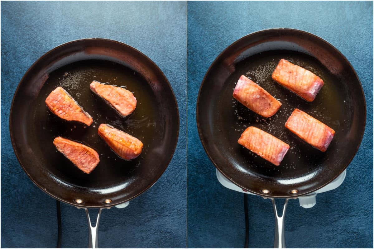 Vegan salmon frying in a frying pan.