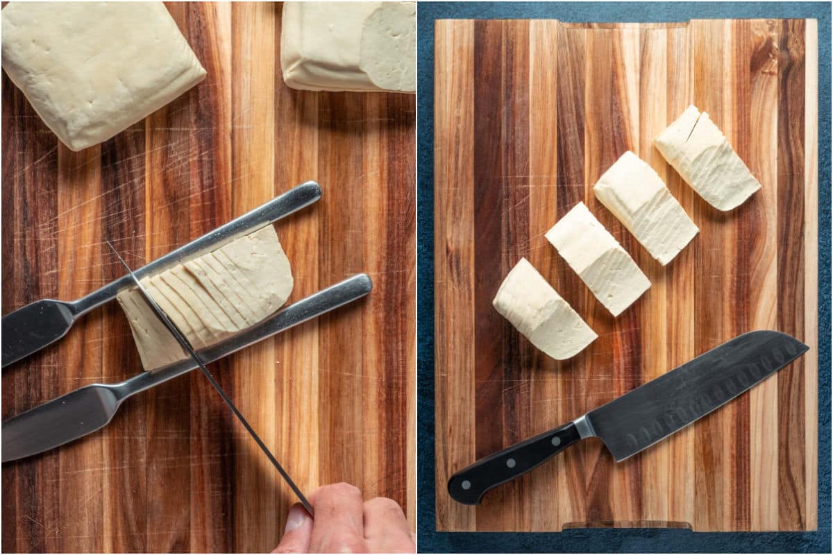Tofu piece placed on top of two knives and then sliced diagonally.