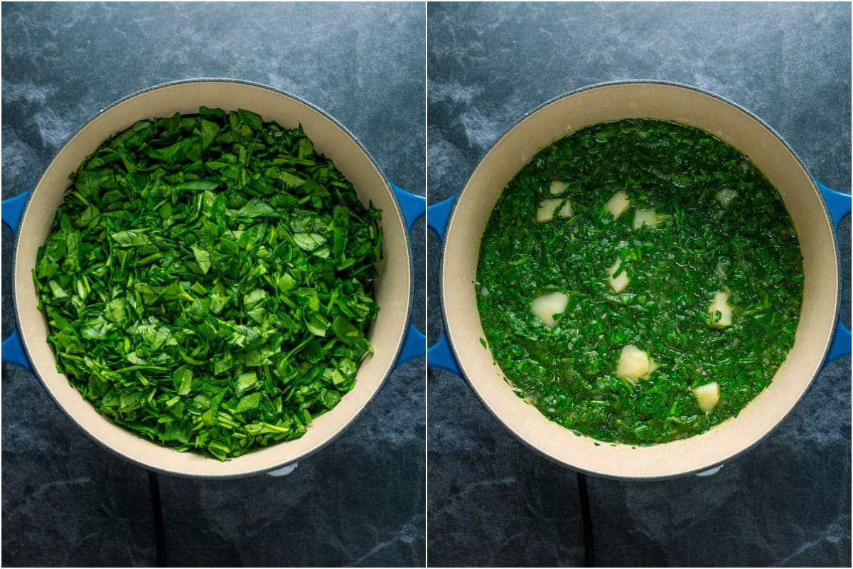 Fresh chopped spinach added to pot and cooked.