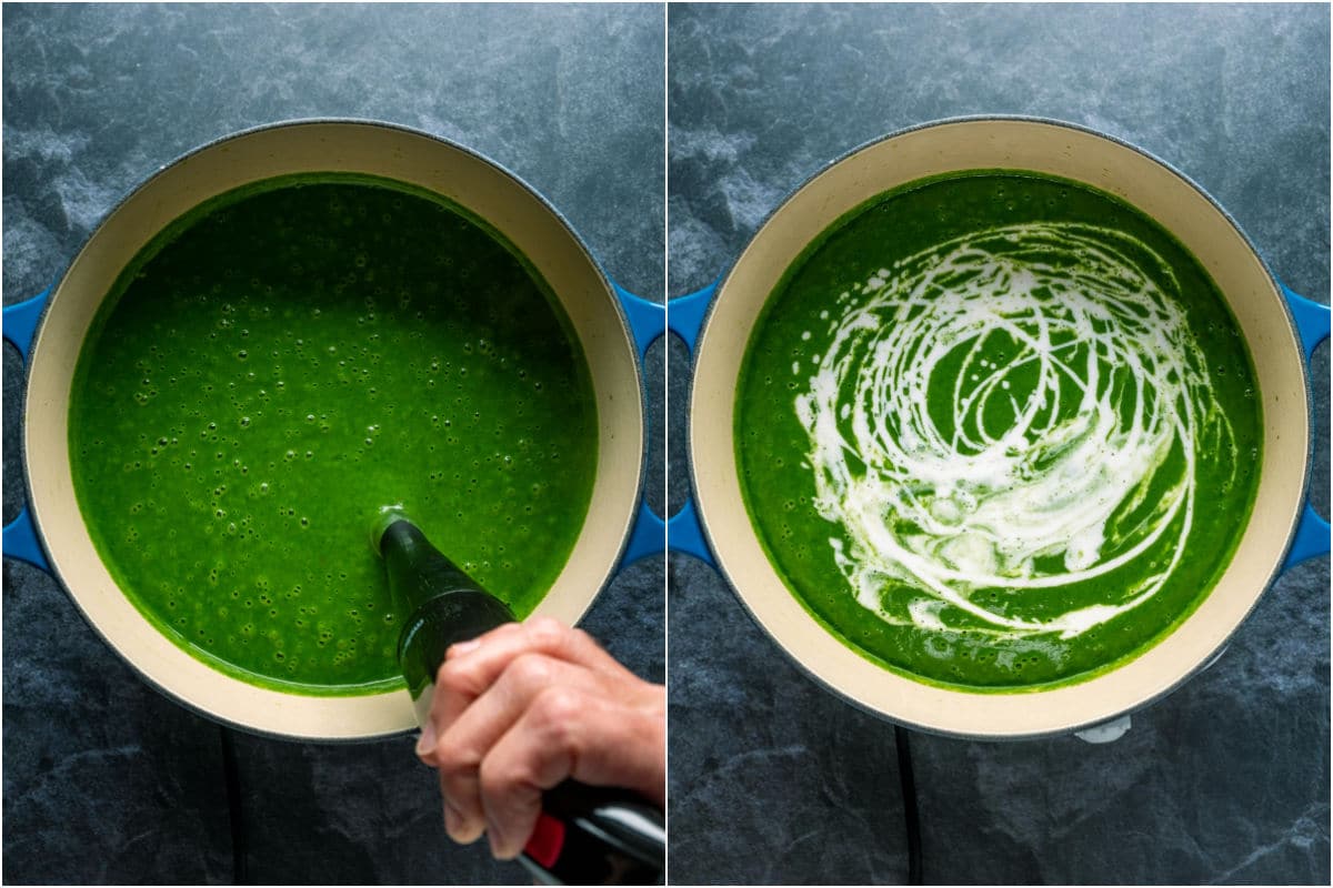 Spinach soup immersion blended in pot and then coconut cream added.