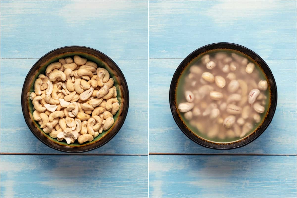 Collage of two photos showing cashews in a bowl and then covered with water.