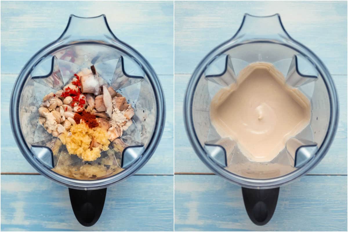 Two photo collage showing a blender jug before and after blending.