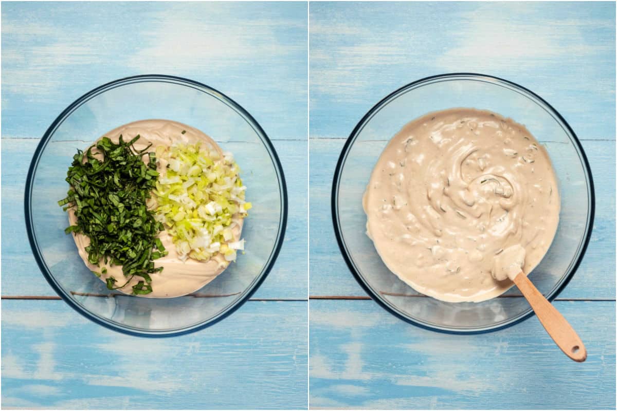 Two photo collage showing cream cheese and herbs in a bowl and then mixed in.