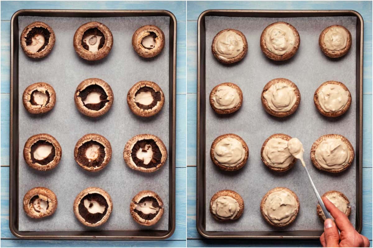 Collage of two photos showing mushrooms on a baking tray and then stuffed with cream cheese.