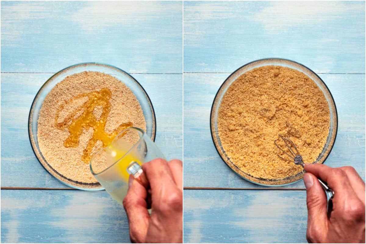Two photo collage showing breadcrumbs and vegan butter in a bowl and then mixed up with a small whisk.