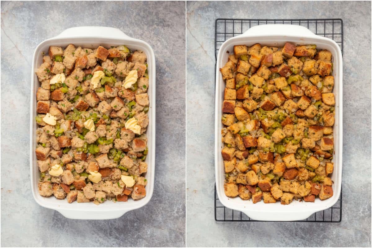 Stuffing mix placed in 9x13 baking dish, dotted with vegan butter on top and baked.