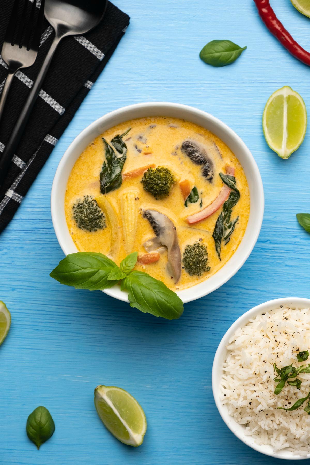 Vegan Thai red curry in a white bowl. 