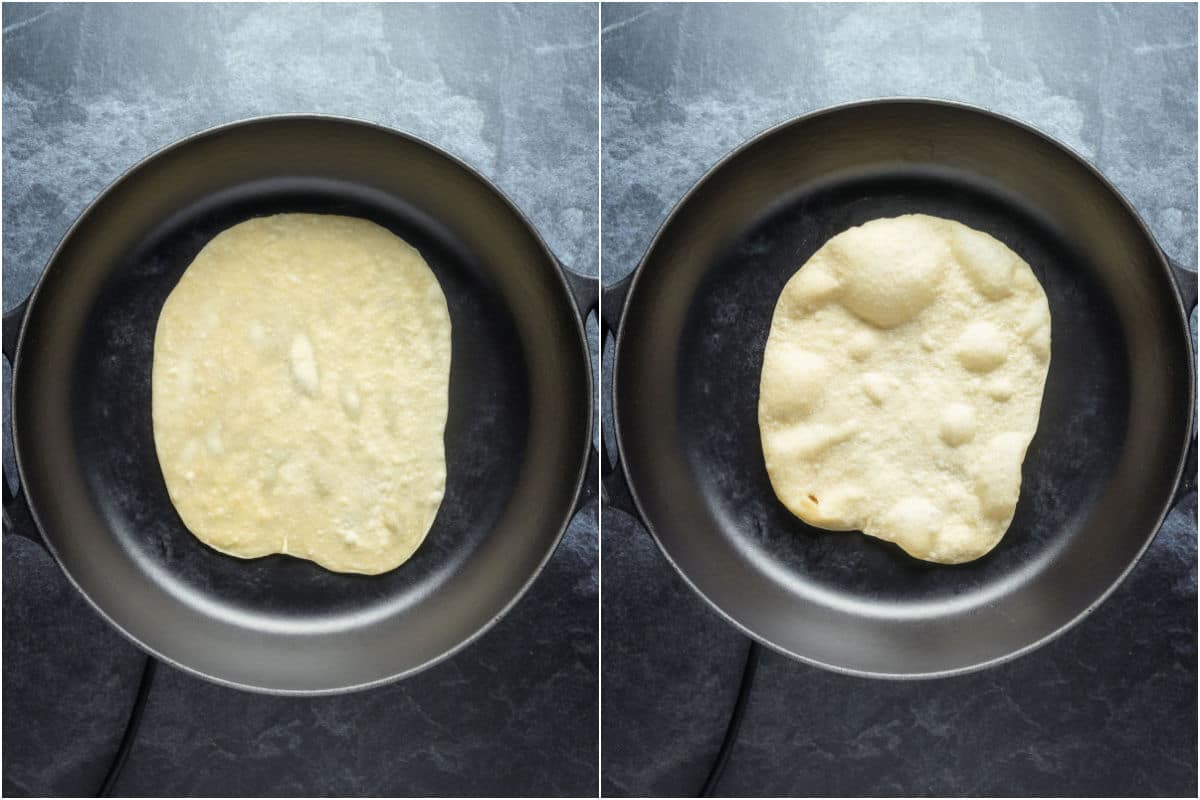 Tortilla added to hot pan and cooked until it bubbles up on the surface.