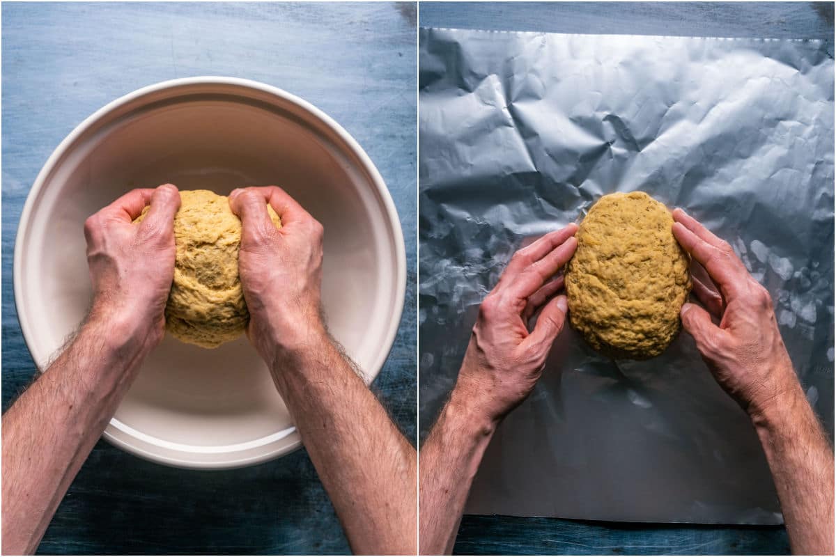 Two photo collage showing kneading the dough and then placing it onto foil.