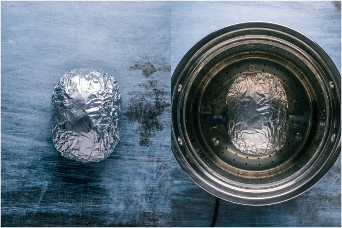 Two photo collage showing vegan turkey wrapped in foil and then in a steamer pot.