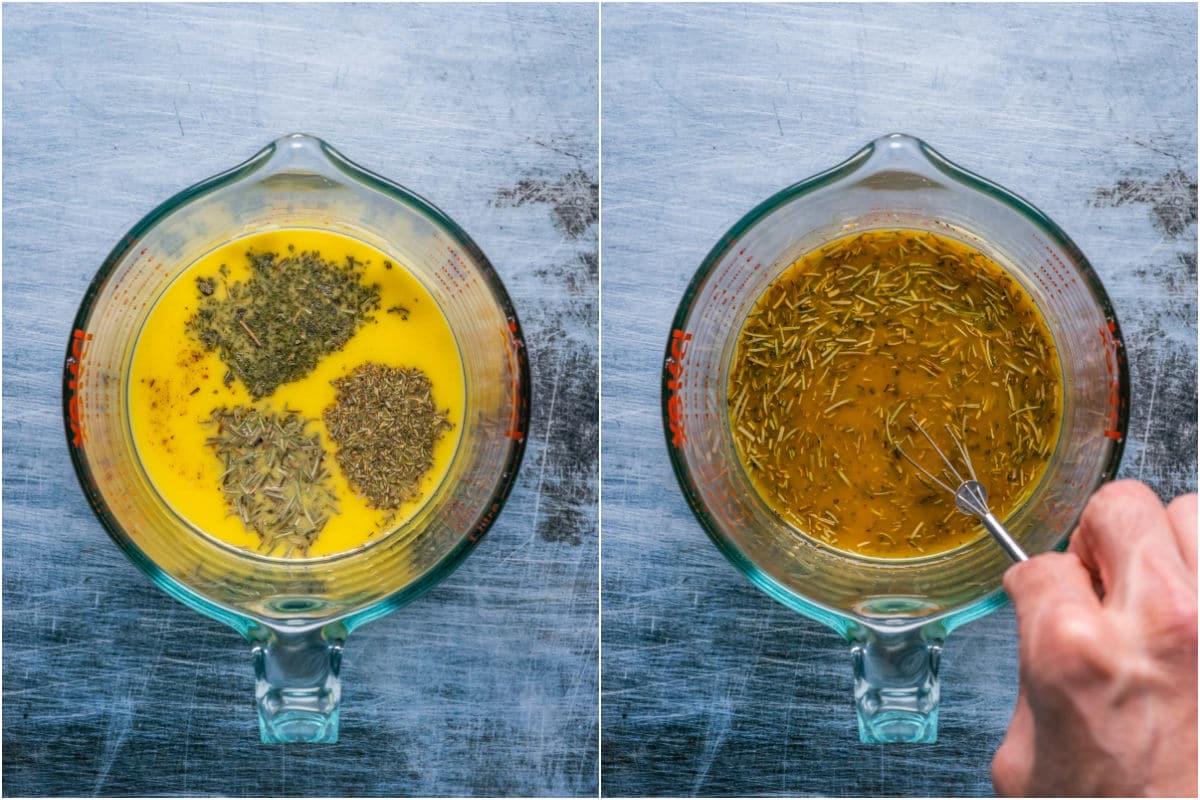Two photo collage showing spices added to melted vegan butter and mixed in.