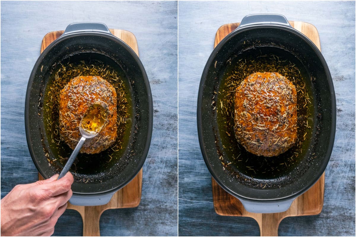 Two photo collage showing the roasting vegan turkey brought out to pour more basting sauce over the top.