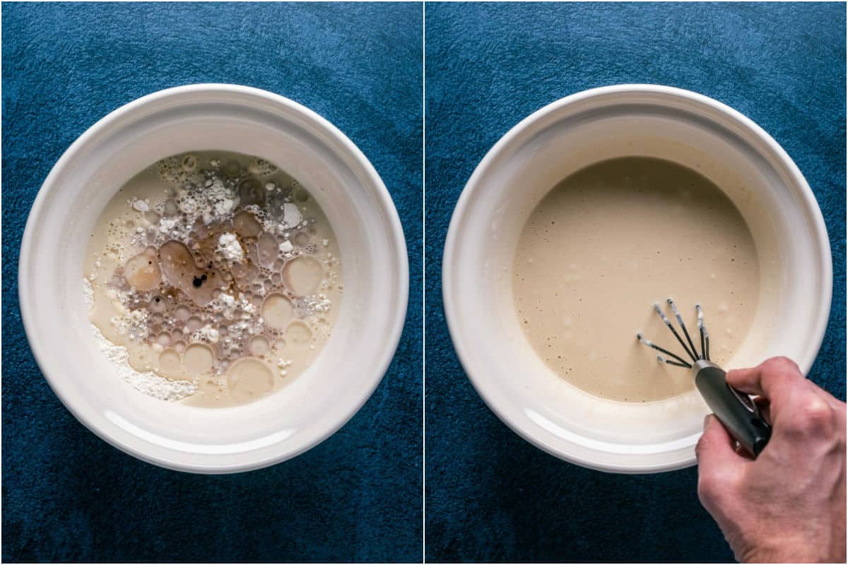 Two photo collage showing wet ingredients added to mixing bowl and mixed into a waffle batter.