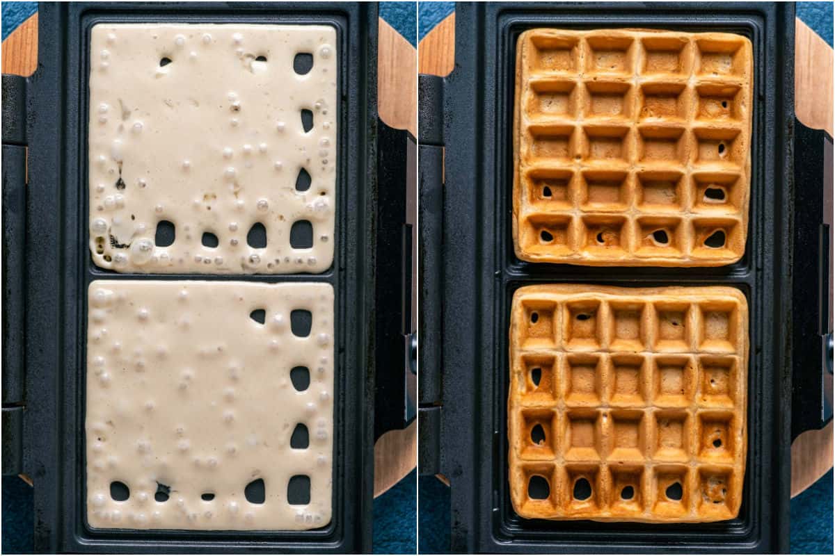 Two photo collage showing waffle batter added to waffle iron and cooked into waffles.