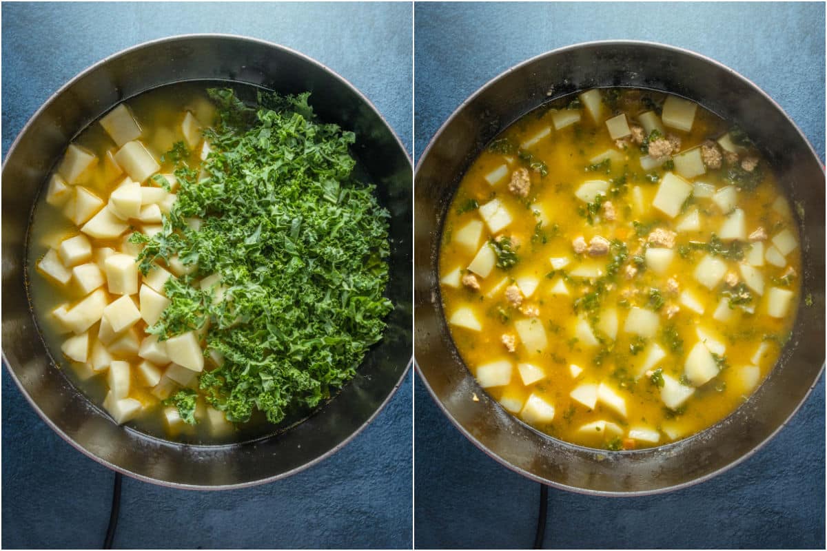 Chopped kale, chopped potatoes and stock added to pot and mixed in.
