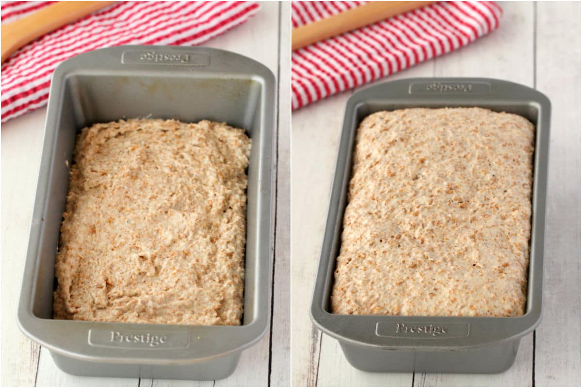 Two photo collage showing bread mix added to loaf pan and then risen and ready to bake.